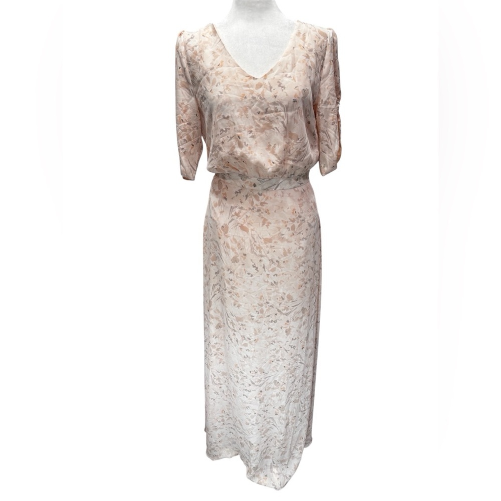 Papier Pale Peach & Beige Muted Floral Maxi Dress Ruched Short Sleeves ModCloth